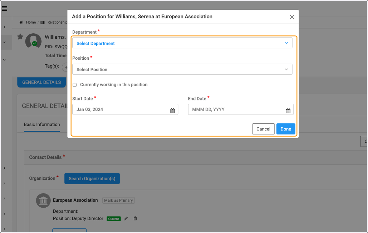 Select Department and Position from the dropdown list