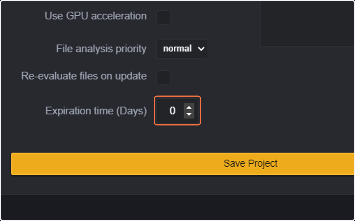 Select the Expiration of files in this project