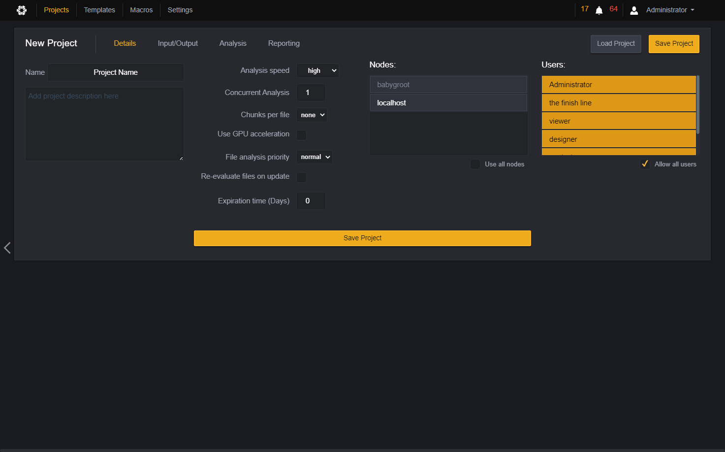 Select the node that will be used for analyzing files in this project