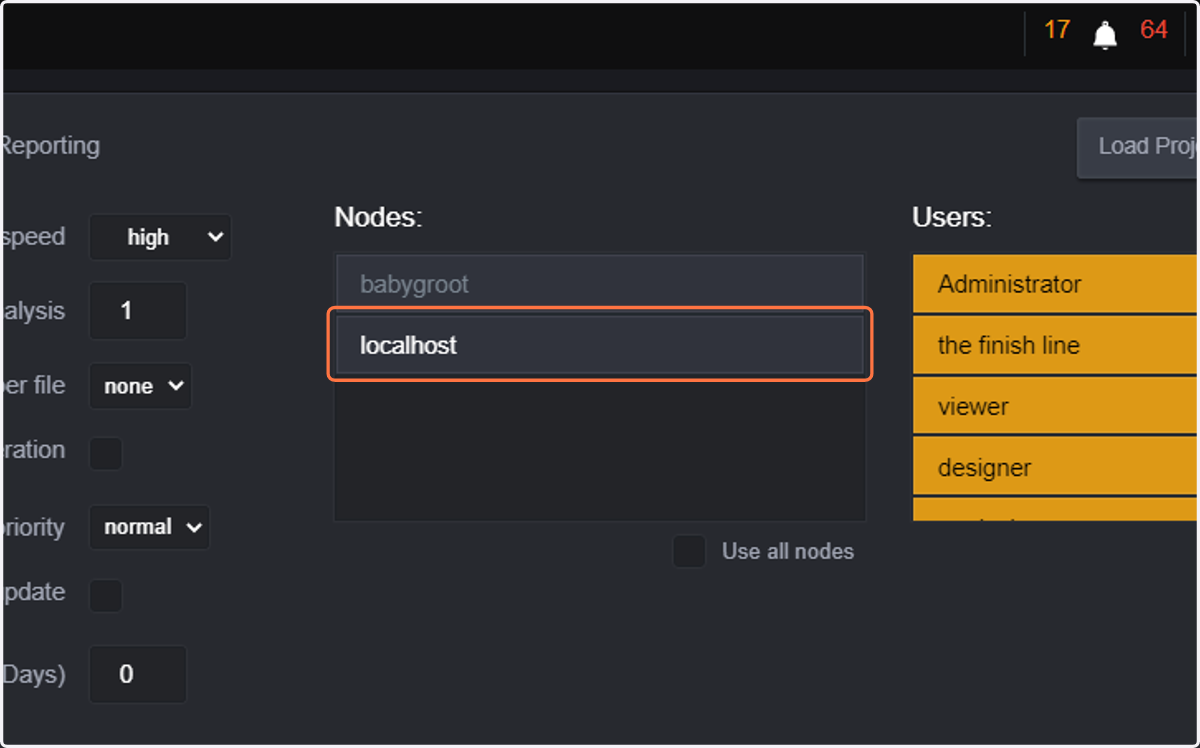 Select the node that will be used for analyzing files in this project
