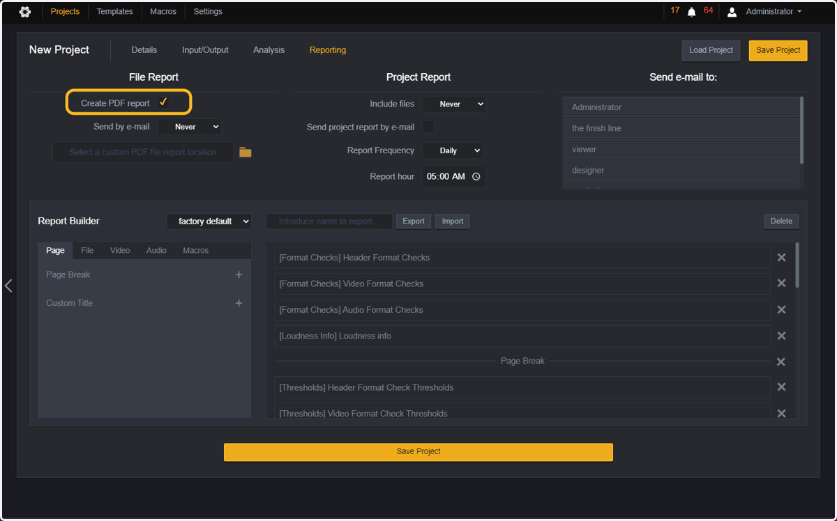 You can select whether you want a PDF report being generated or not