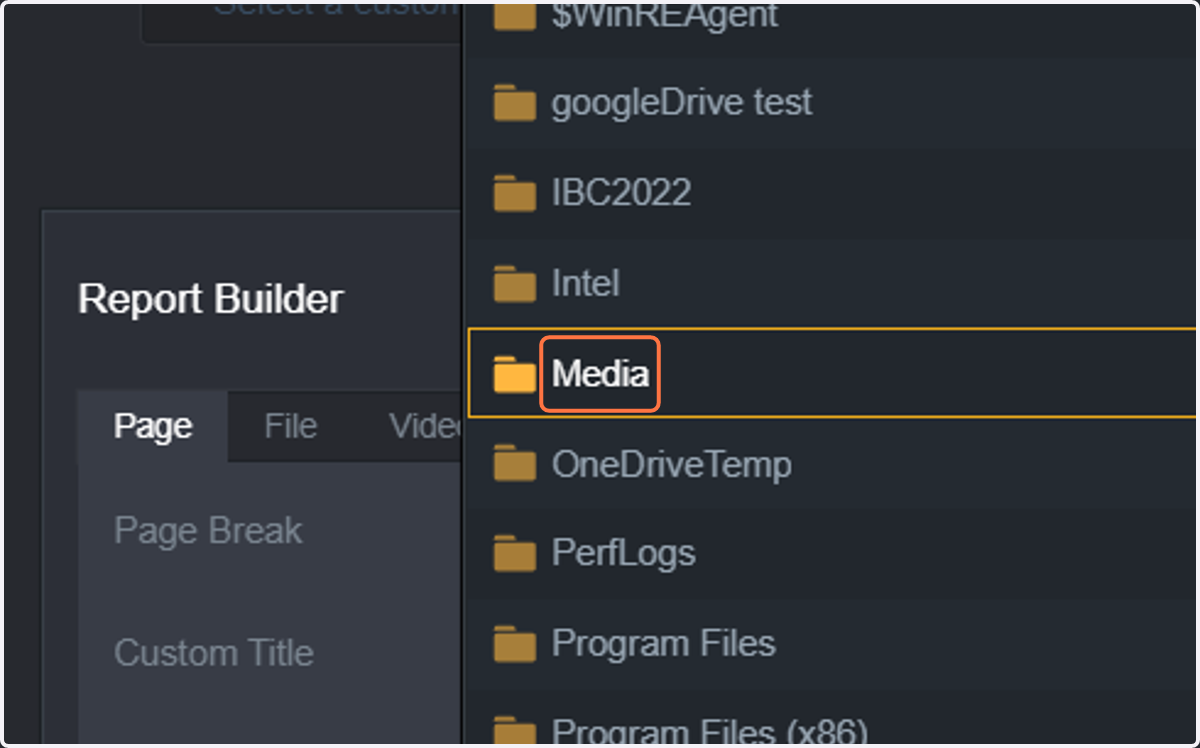 Select the folder. In this case, we will be selecting the folder "Media" as storage location for all PDF reports