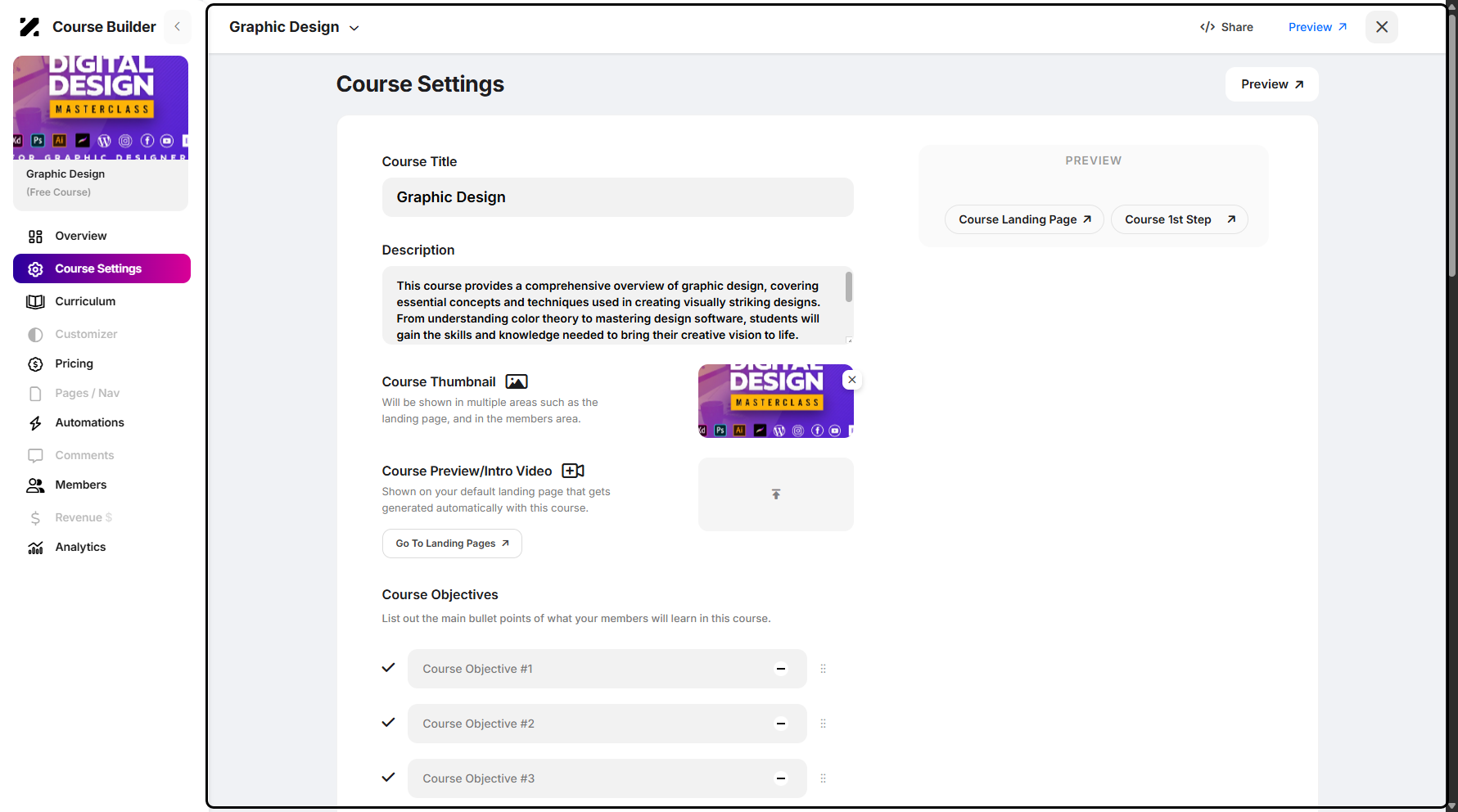 Step 6: You will then be taken to the Course Settings page, where you can edit the course.