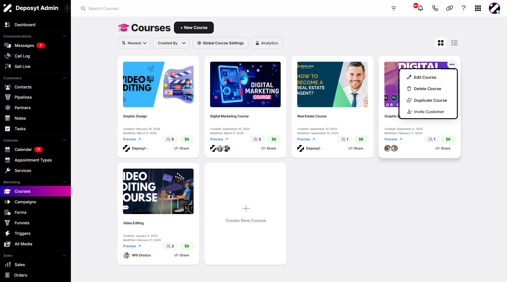 Step 4:A pop-up window will appear, showing all available actions, such as Edit Course, Delete Course, Duplicate Course, and Invite Customer.