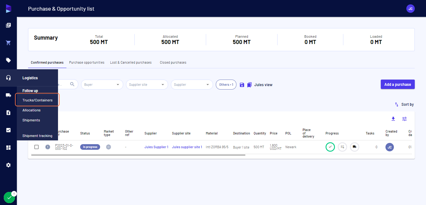 There are alternative ways for sending external emails - Go to the "Logistics" menu and click on "Trucks/Containers"