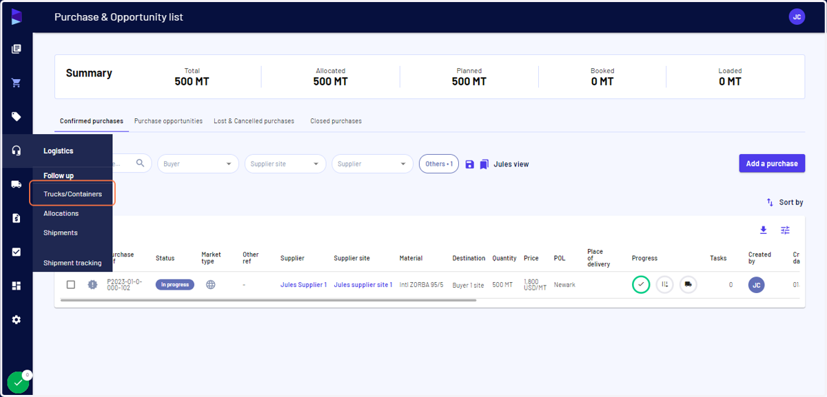 There are alternative ways for sending external emails - Go to the "Logistics" menu and click on "Trucks/Containers"