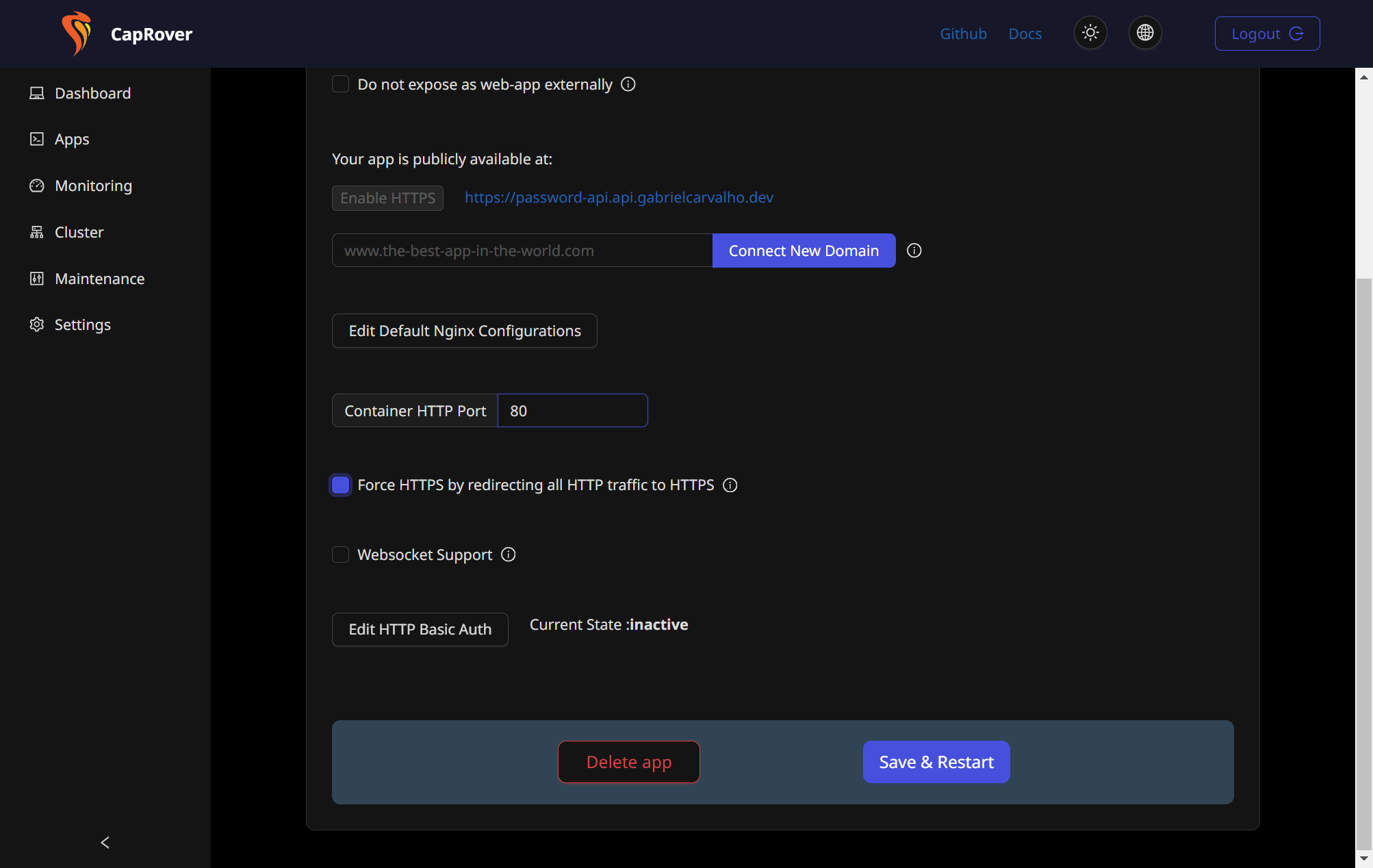 Check Force HTTPS by redirecting all HTTP traffic to HTTPS