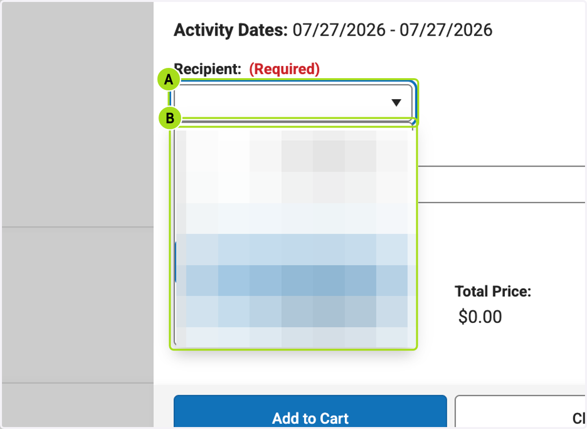 A. Click on Recipient: (Required) B. Select Recipient: (Required)