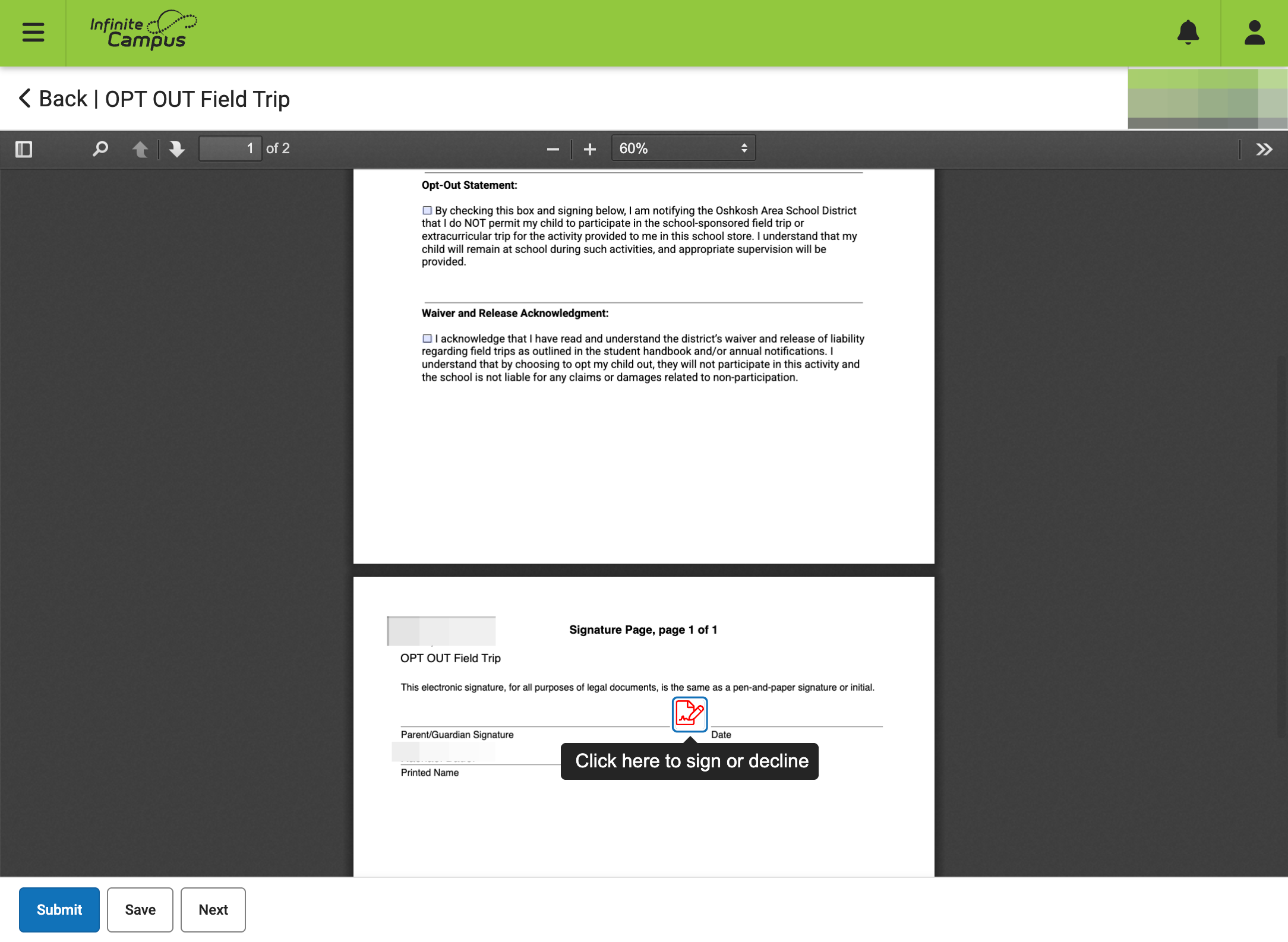 Click on Click here to sign or decline