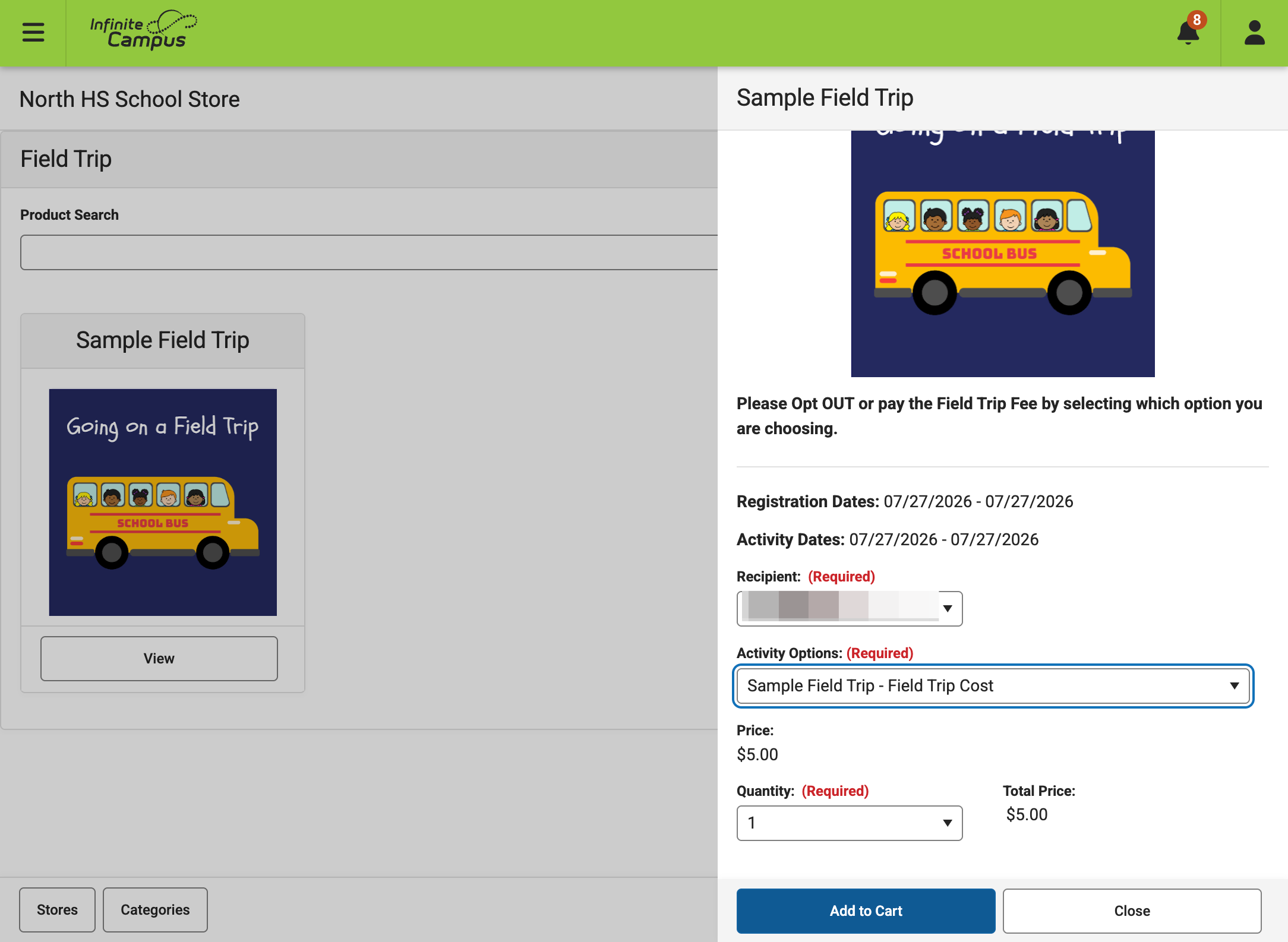 Click on Add to Cart if you are paying for the field trip