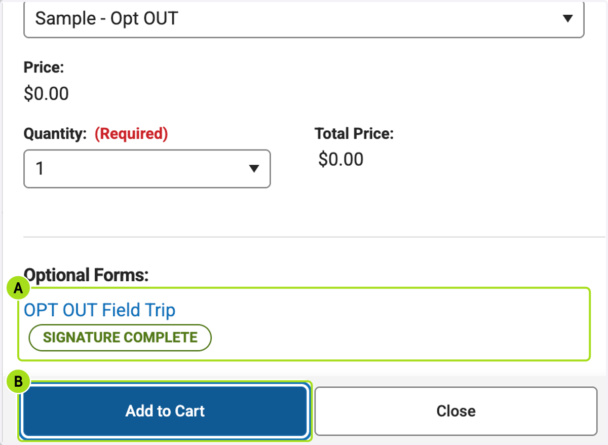 A. You will see your opt out form has been completed B. Click on Add to Cart