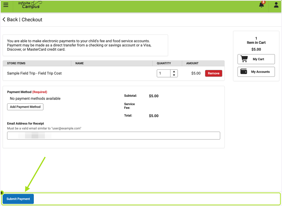 A. Click on Payment Option or Add a Payment Method B. Enter the email address for the receipt and click on Submit Payment