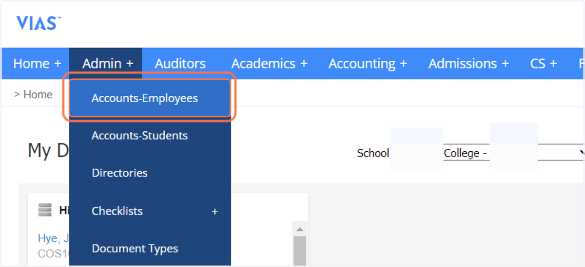 Click on Accounts-Employees - After saving, you must go back into the employee's account to add job roles for the employee and any additional campuses.