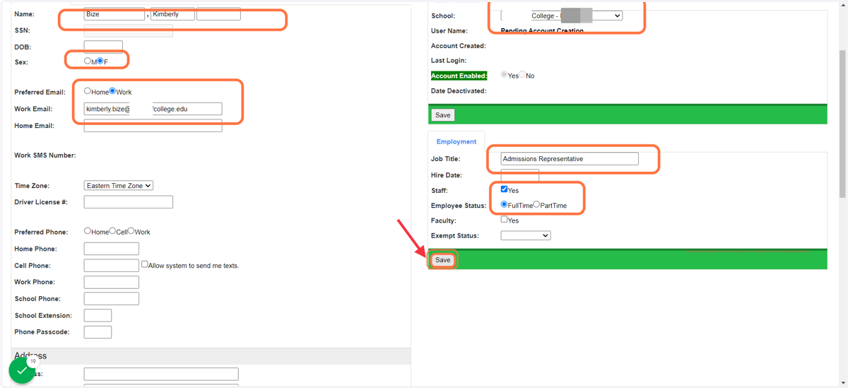 Click on Save - The orange boxes are all required fields to create an employee account.