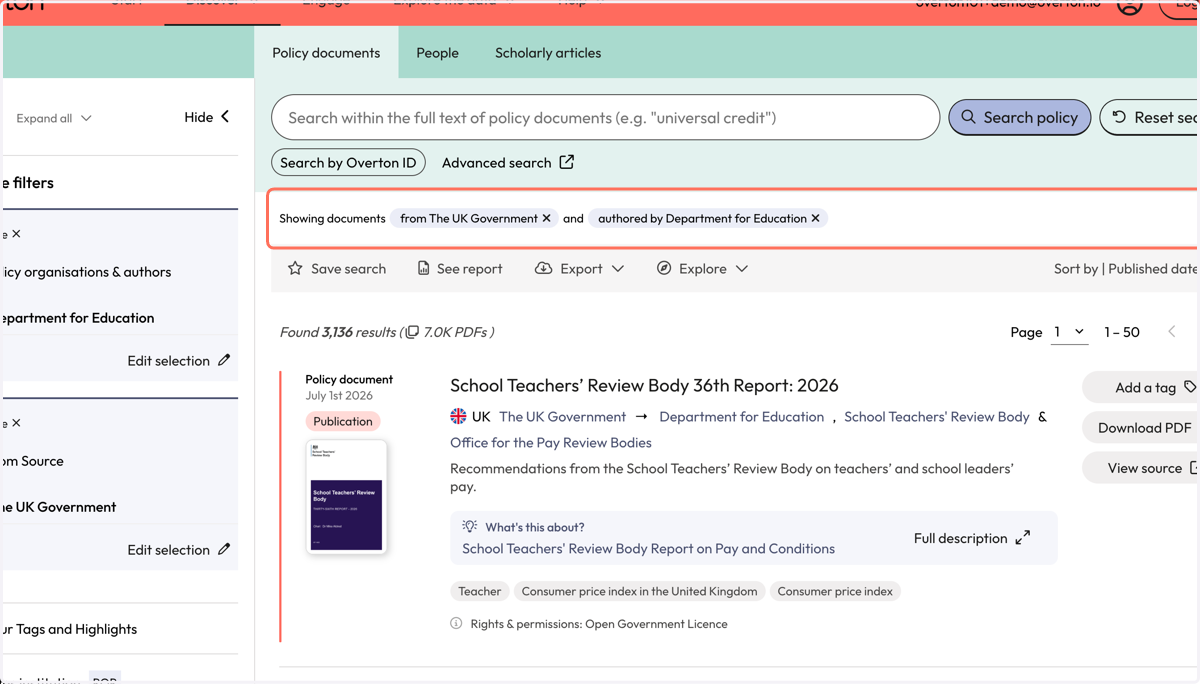 Your results will include all the documents in Overton from the selected source and the selected policy author or organisation.
