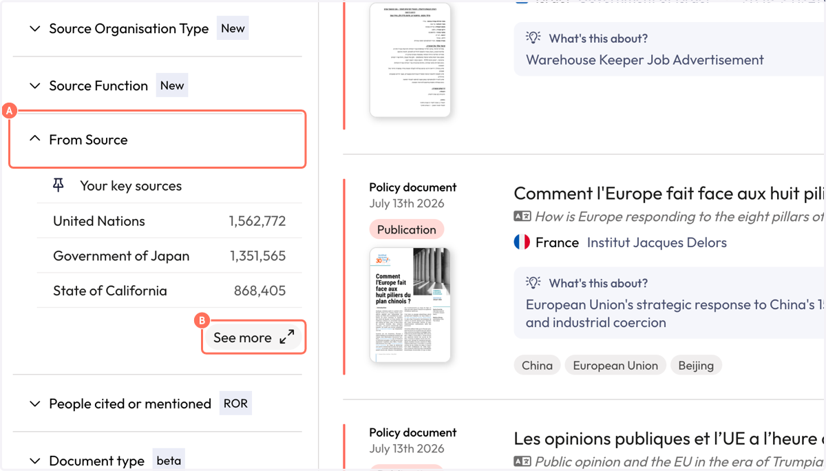 A. Click on 'From Source' filter to expand. B. Click on 'See more' to search for a policy source.