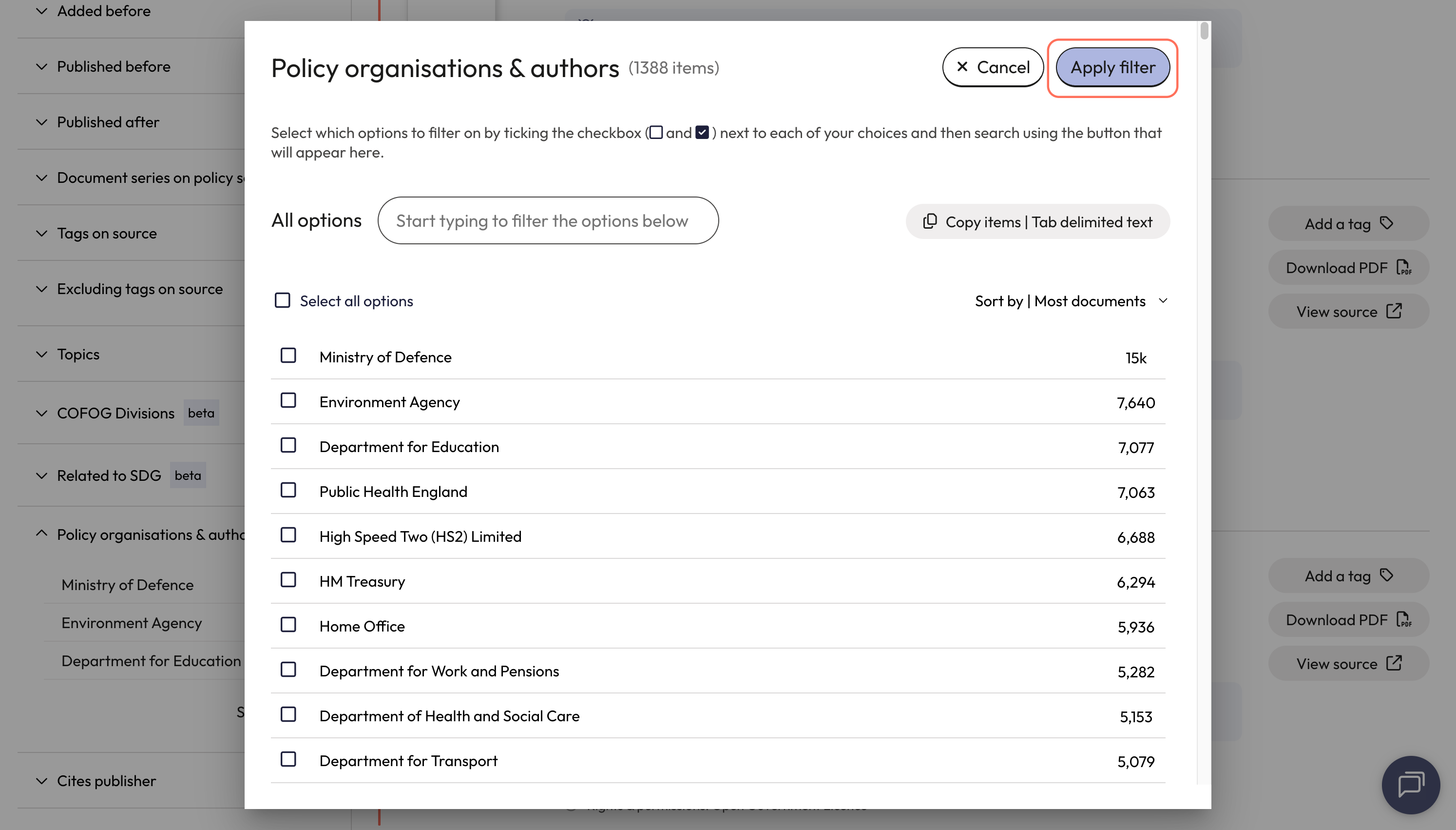 A. The filter will show a list of policy authors or organisations contained within the previously selected policy source. B. Select a policy author or organisation by clicking on the checkbox next to its name. Click 'Apply filter' to launch the searc