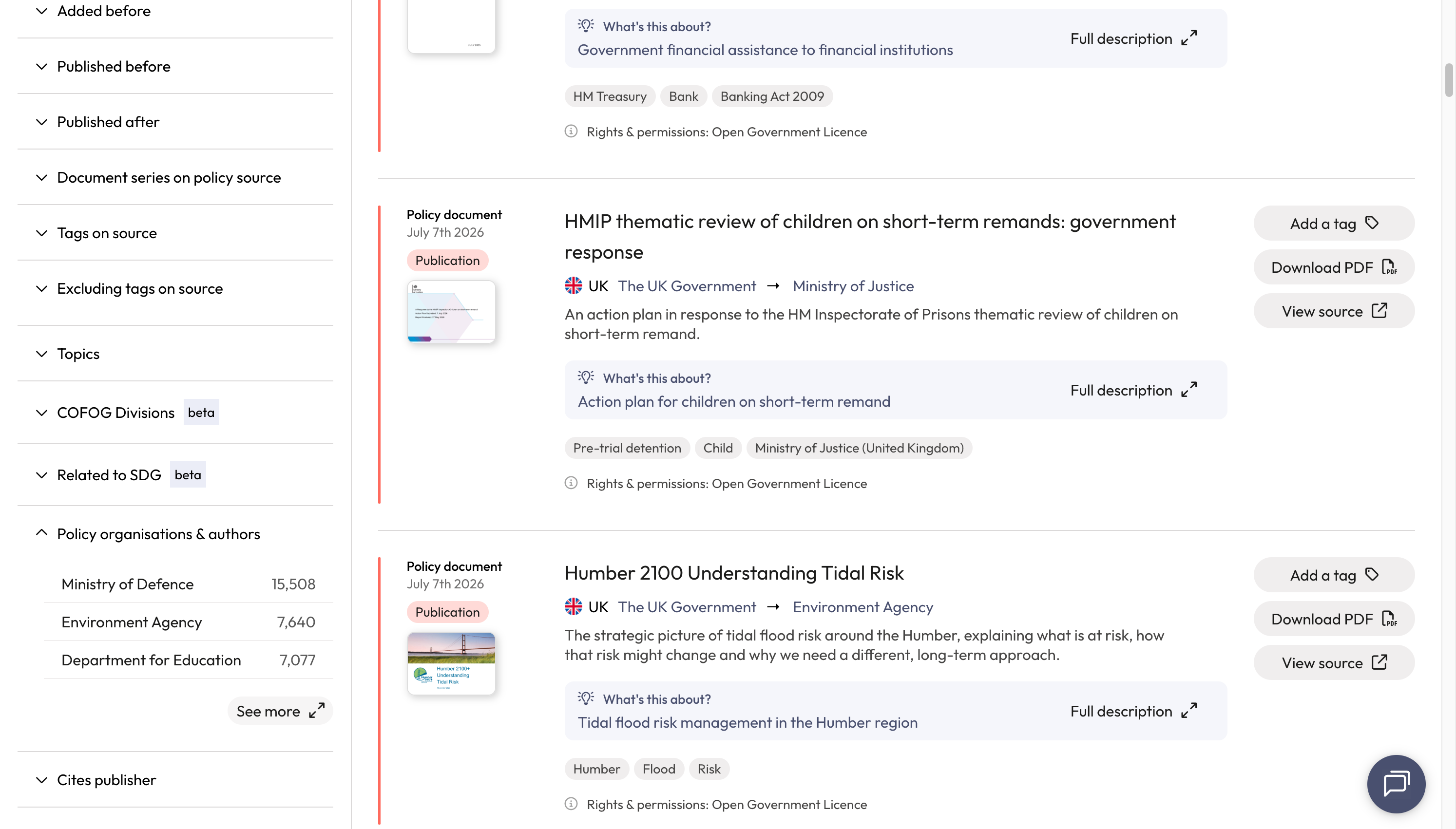 A. Apply a second filter. Scroll until you find 'Policy organisations & authors' B. Click on 'See more' to expand the filter.