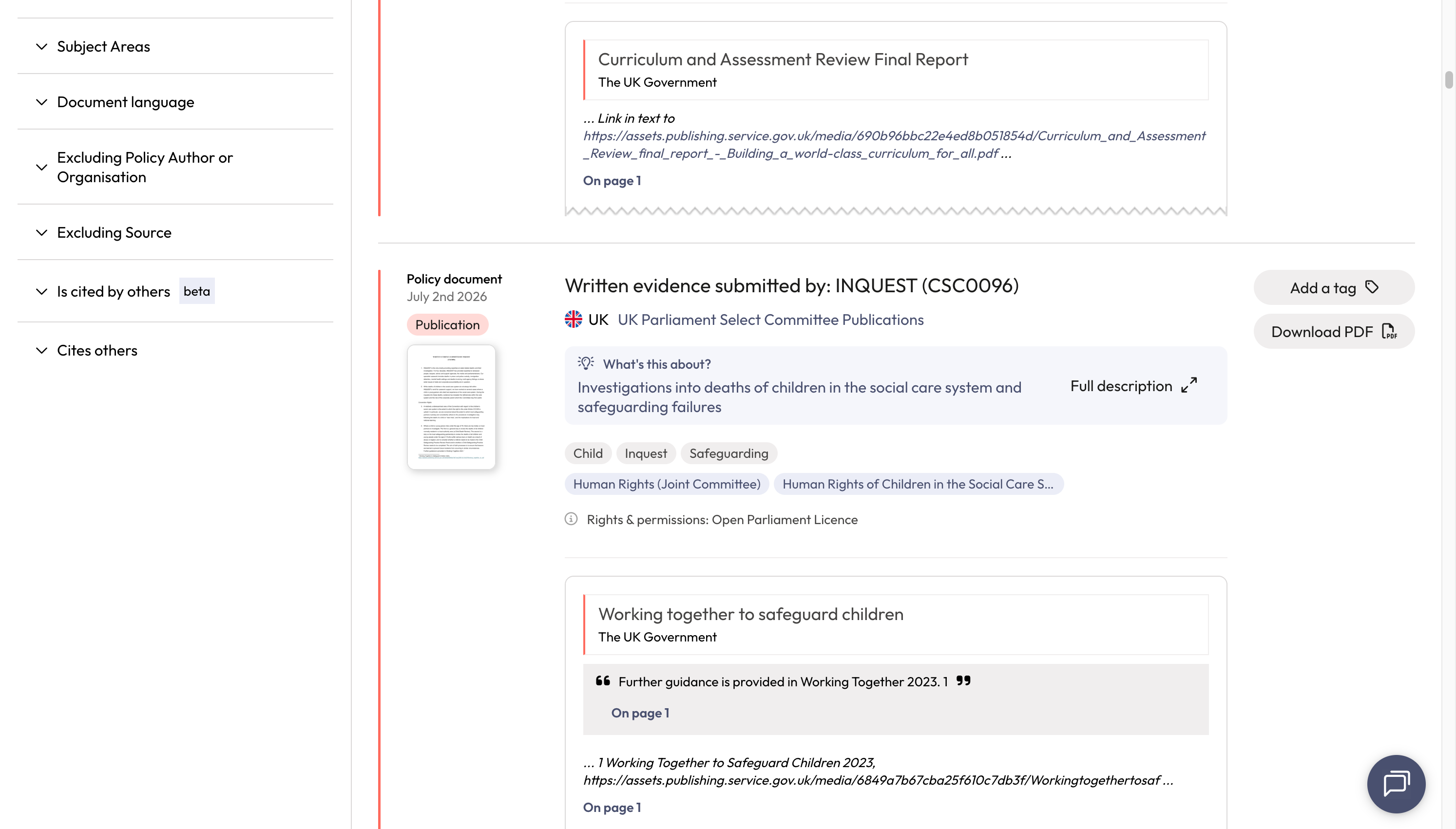 Each result includes the name of the citing policy document, the policy source and a snippet of context to indicate where the citation of your publication was found.