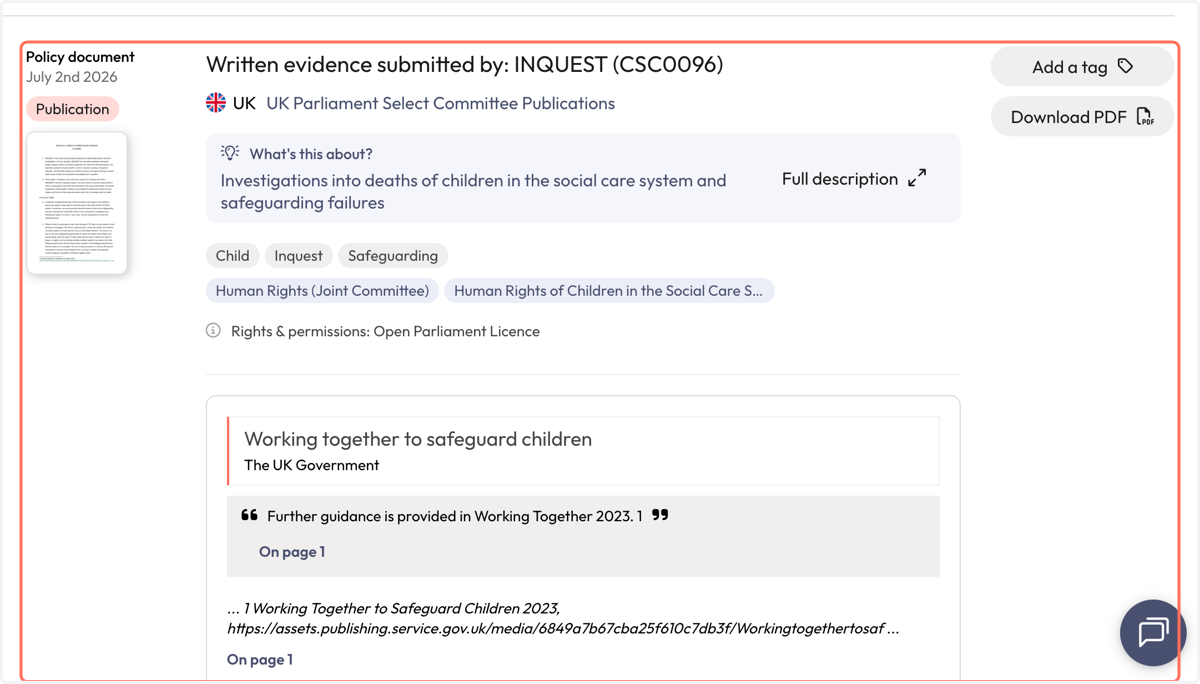 Each result includes the name of the citing policy document, the policy source and a snippet of context to indicate where the citation of your publication was found.