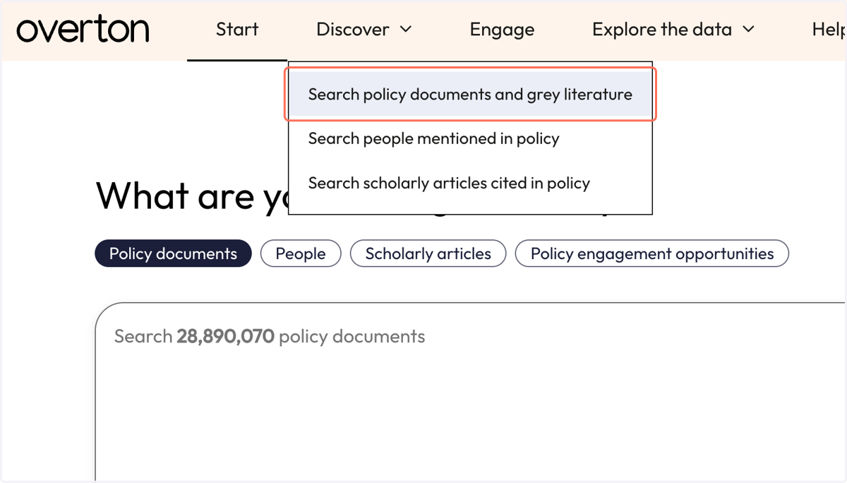 From the 'Discover' menu, click 'Search policy documents and grey literature.'