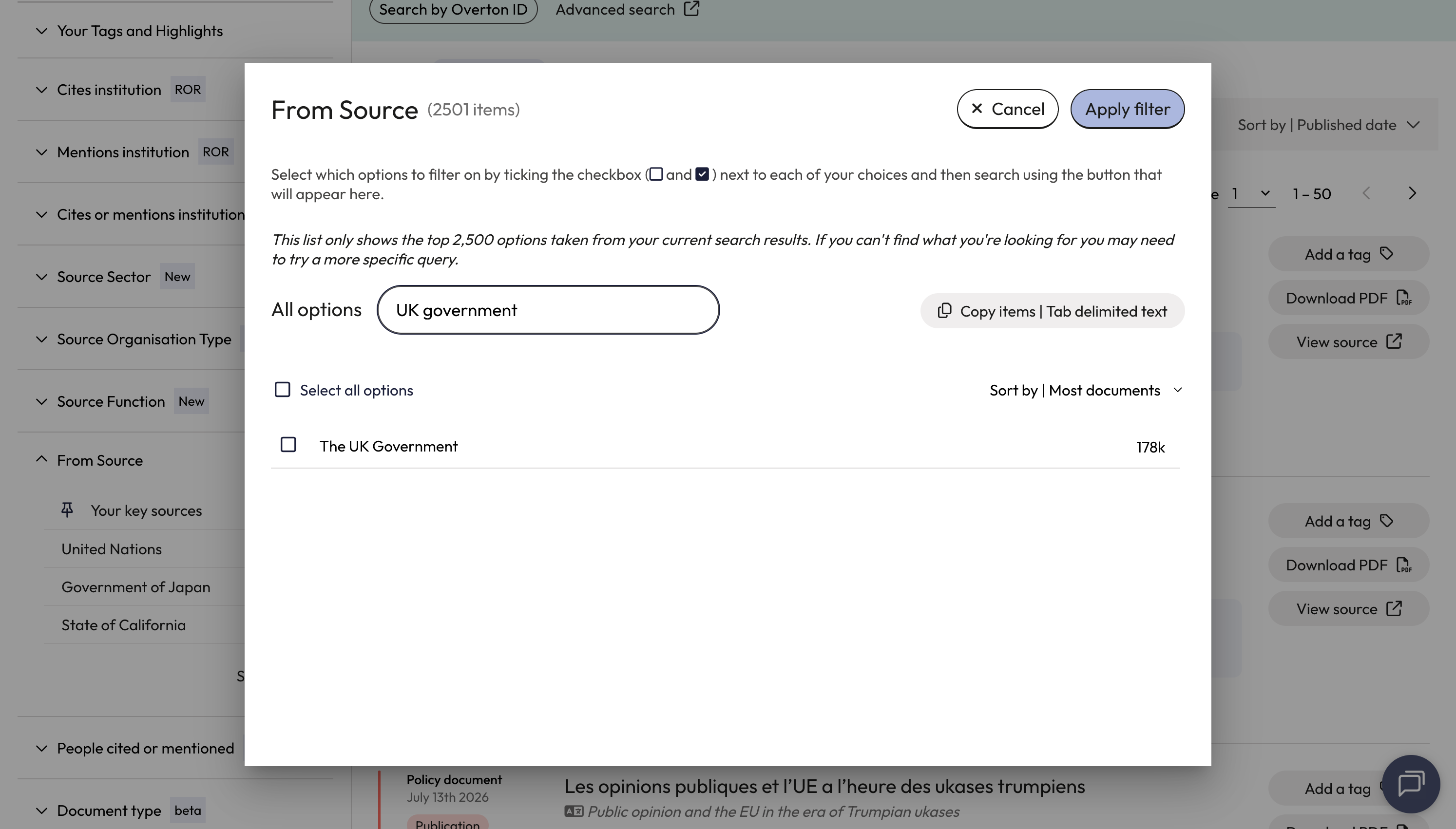 In the filter, enter the name of the policy source into the search box