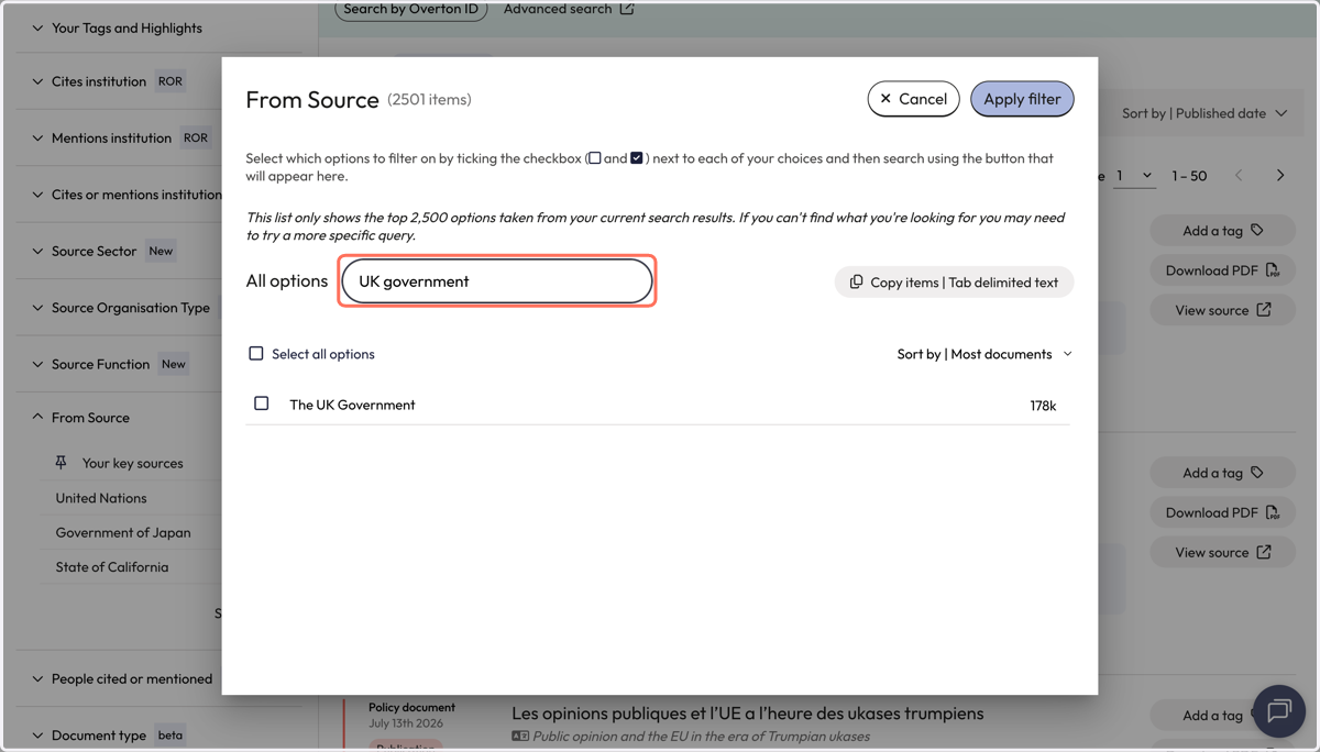 In the filter, enter the name of the policy source into the search box