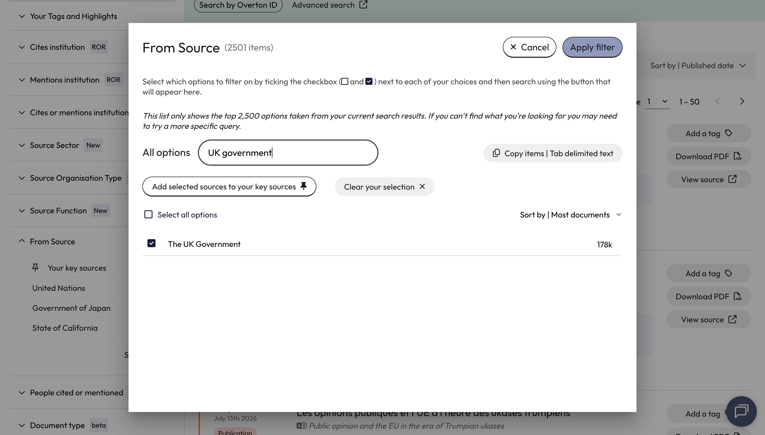 Select the relevant source by checking the box next to the name. Click 'Apply filter' to launch the search.