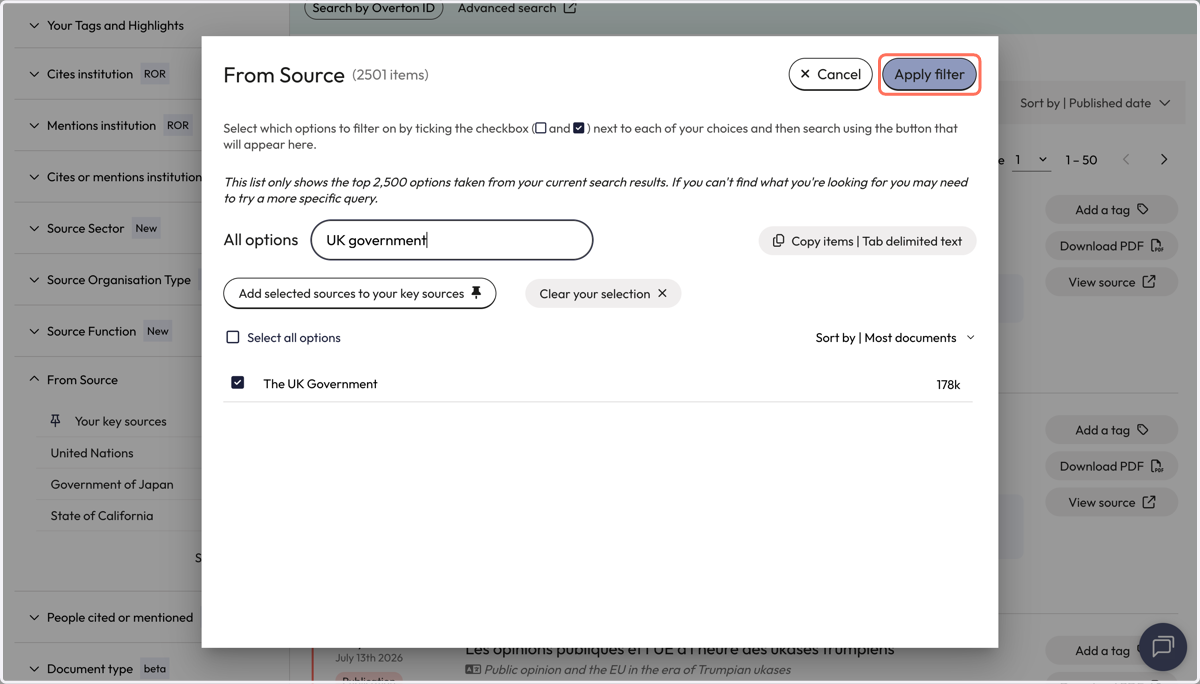Select the relevant source by checking the box next to the name. Click 'Apply filter' to launch the search.