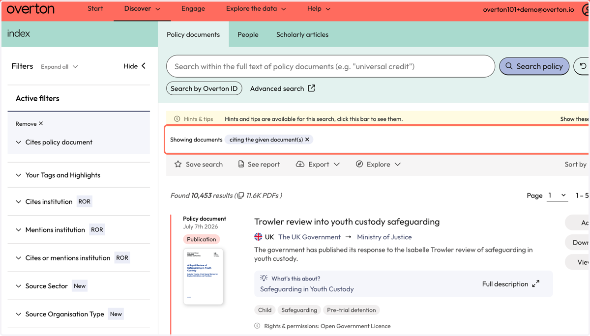 Your results will show policy documents which cite the policy documents from your policy author or organisation.