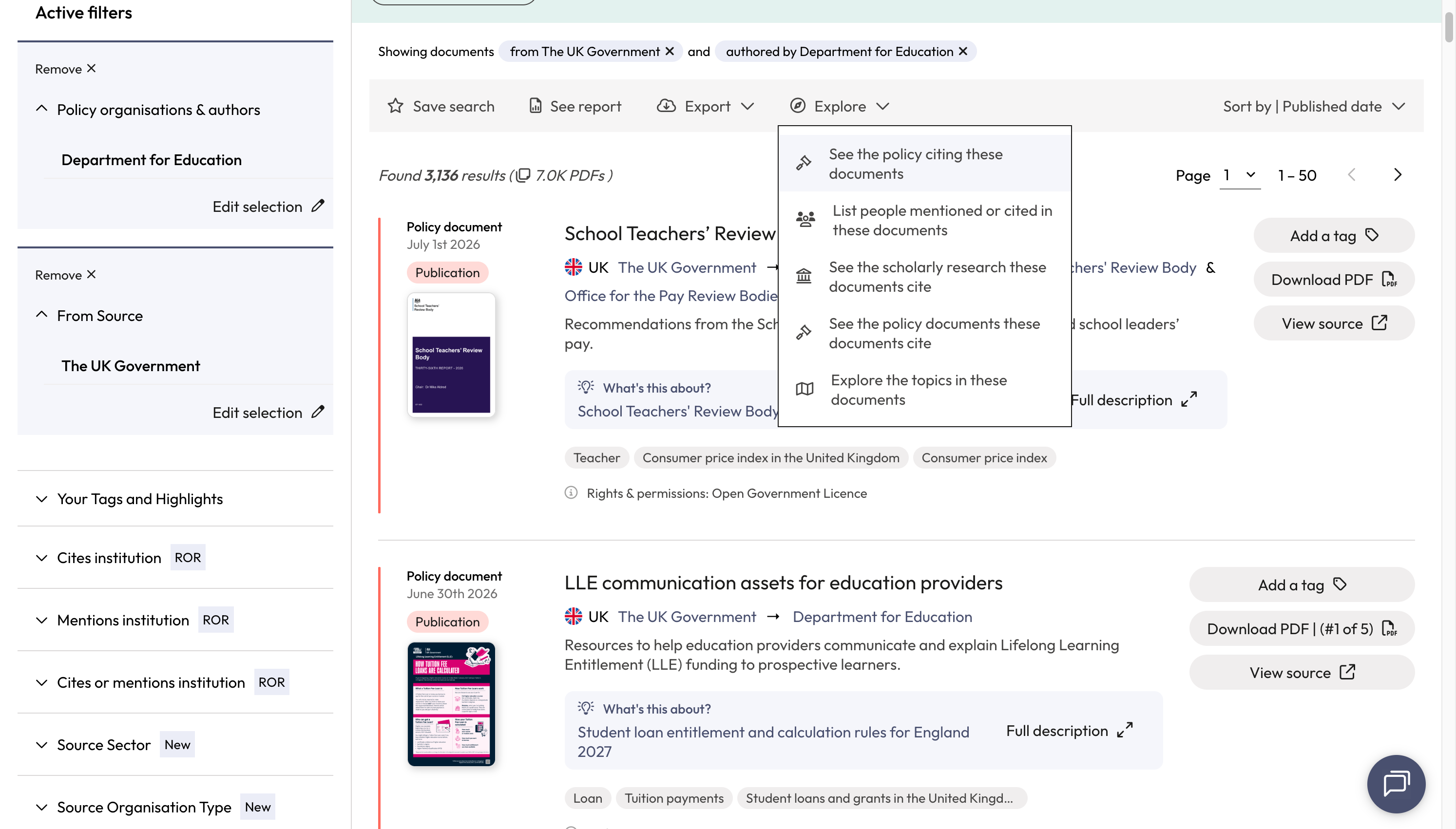 A. To see the policy citations for the policy documents in your results list, click on 'Explore' B. Select 'See the policy citing these documents'