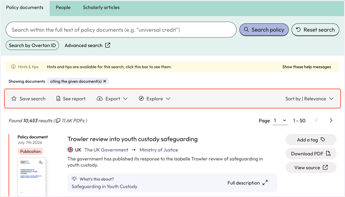 Use the action bar to save a search, generate a summary report, export* or explore further.