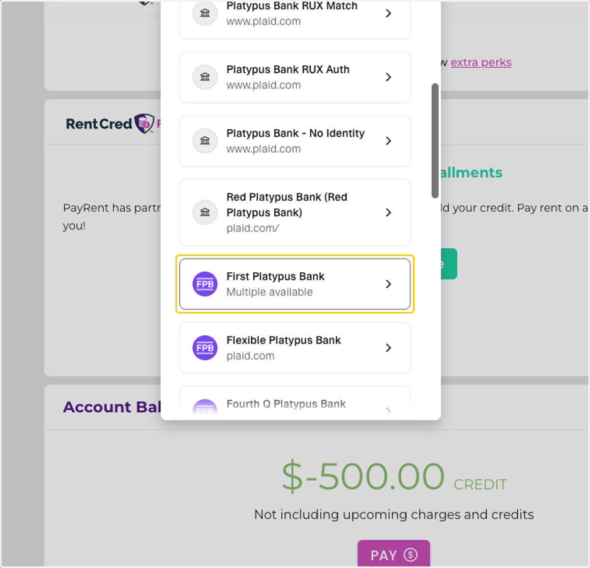 Select your bank from the list