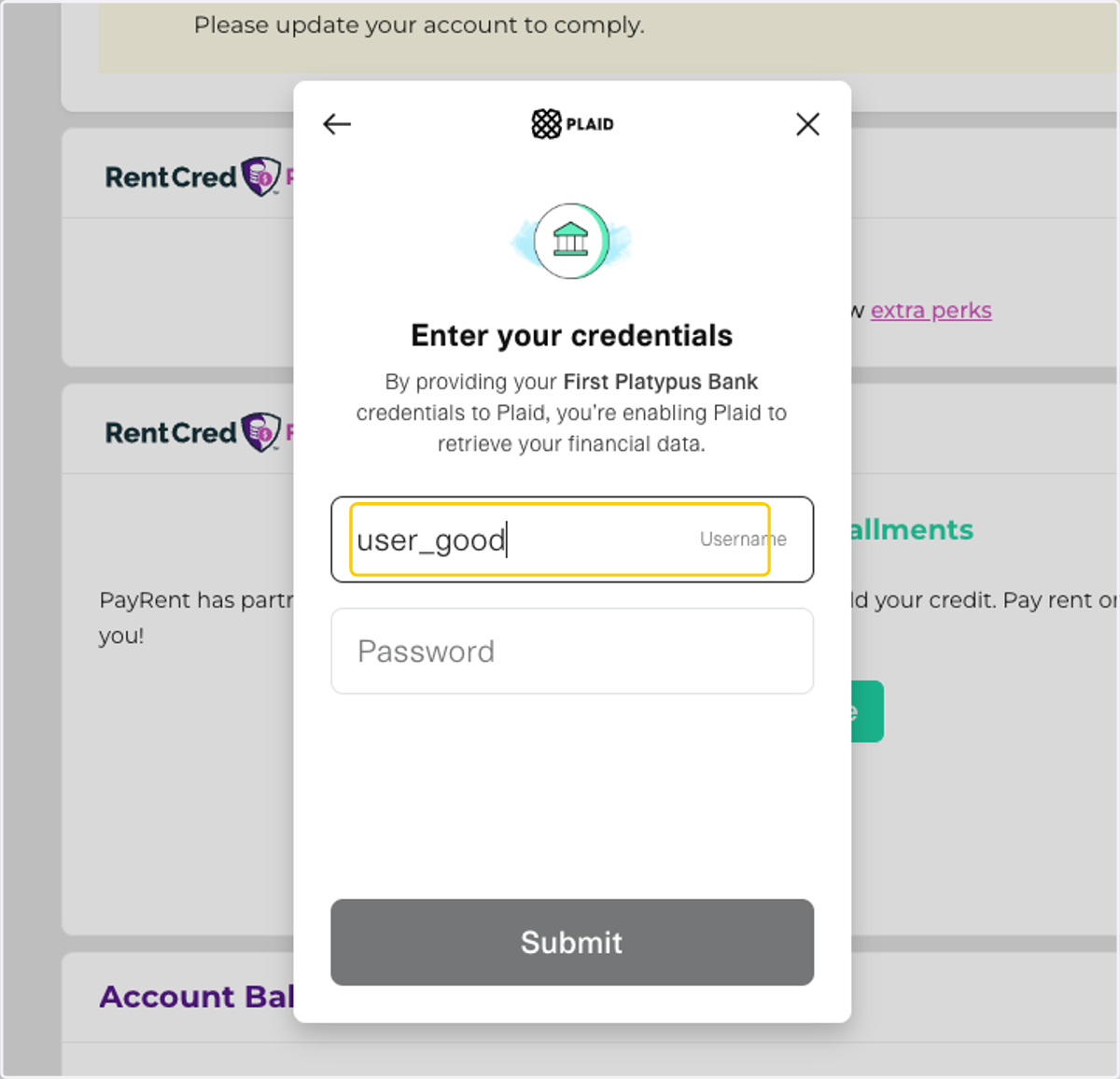 Enter your username and password