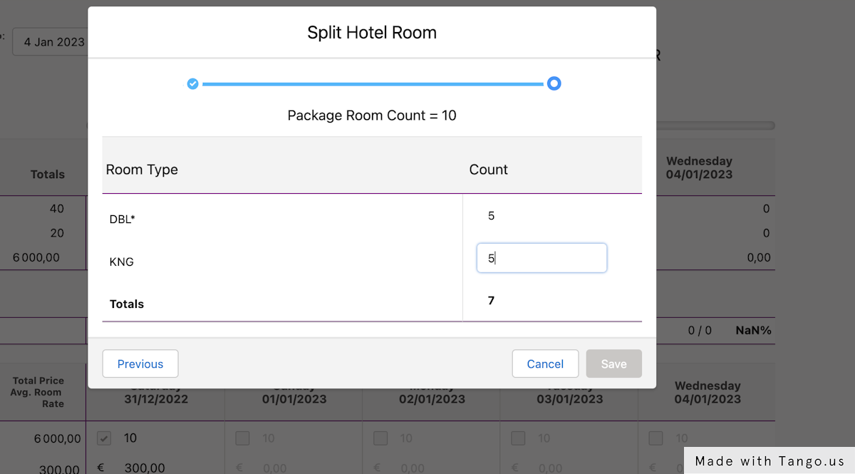 See that the total is lower than the required room count due to the DELUXE room type being removed. Add rooms to another room type to save.