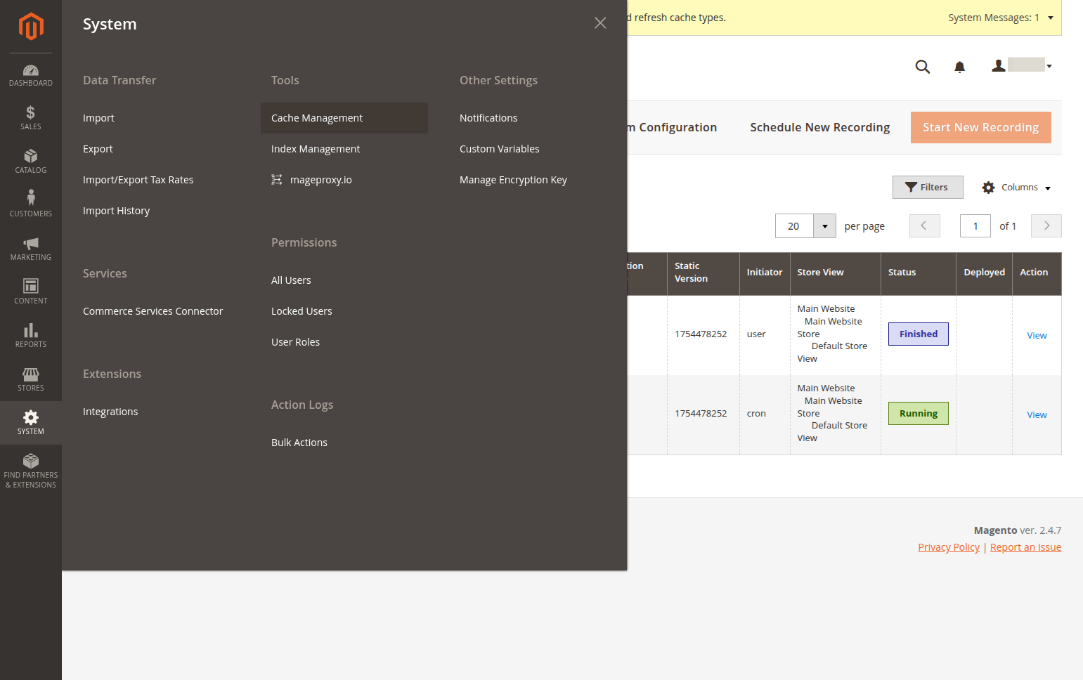 Click on Cache Management