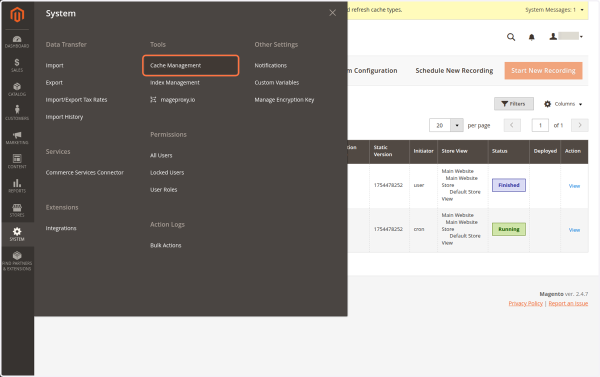 Click on Cache Management