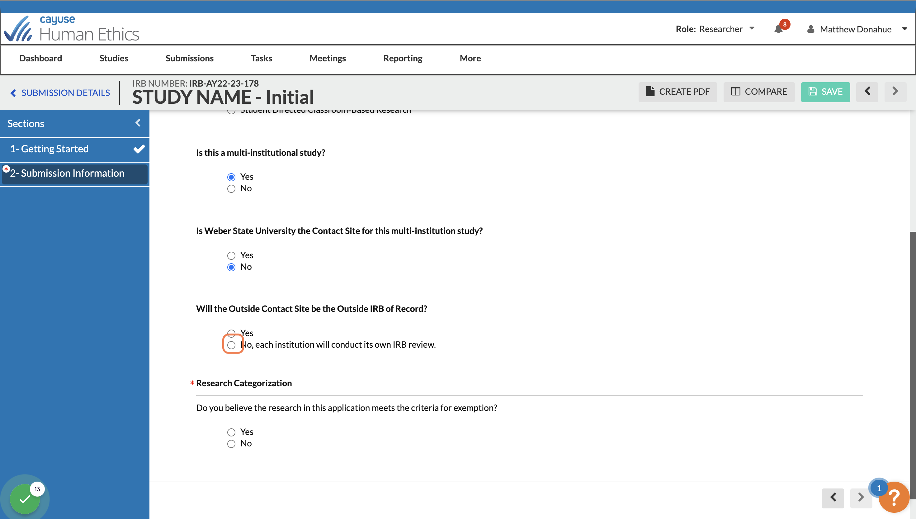 Select "Yes" the Outside Contact Site will be IRB of Record