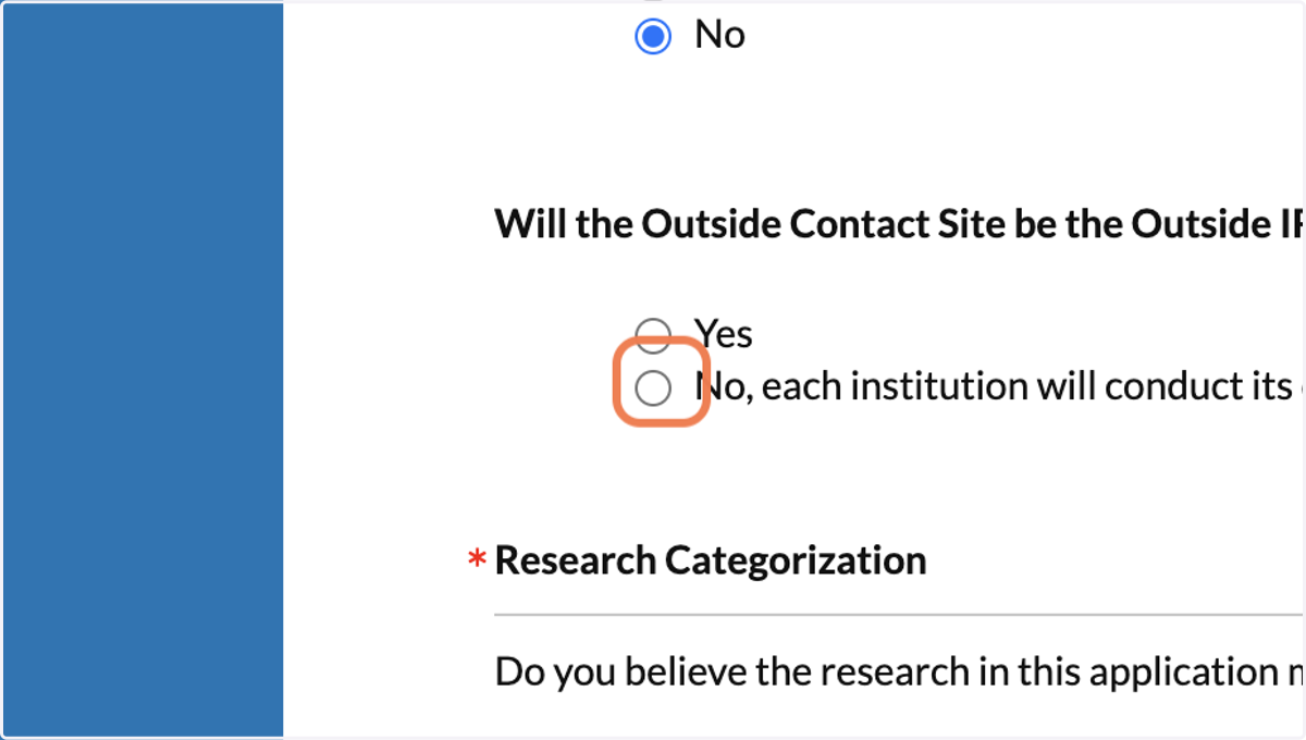 Select "Yes" the Outside Contact Site will be IRB of Record