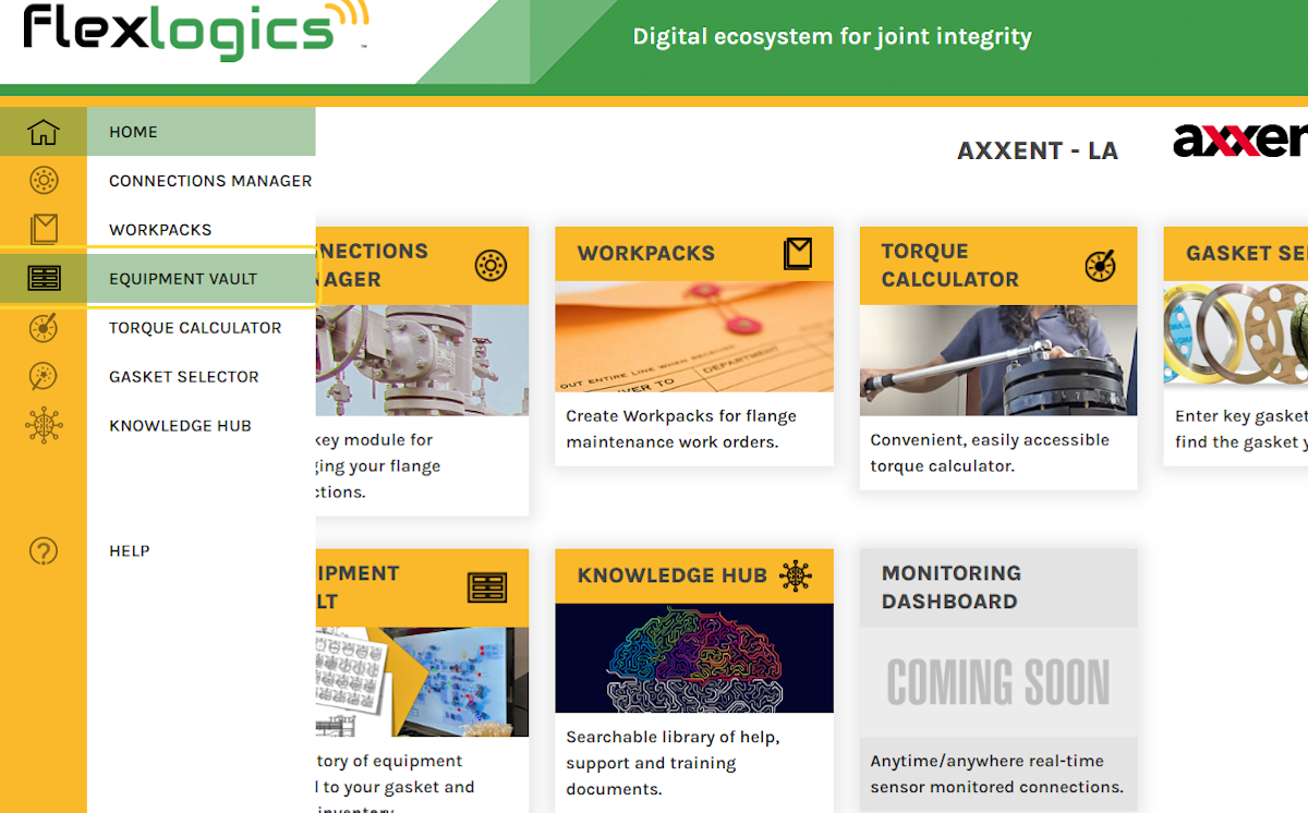 From the Flexlogics home page, click on EQUIPMENT VAULT