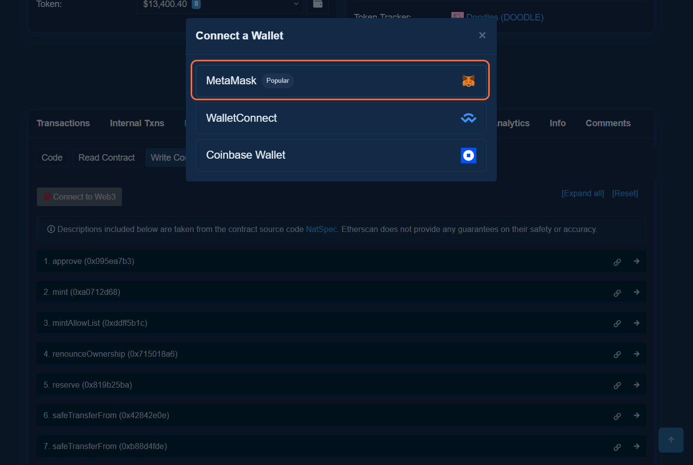 Click on MetaMask and connect your wallet