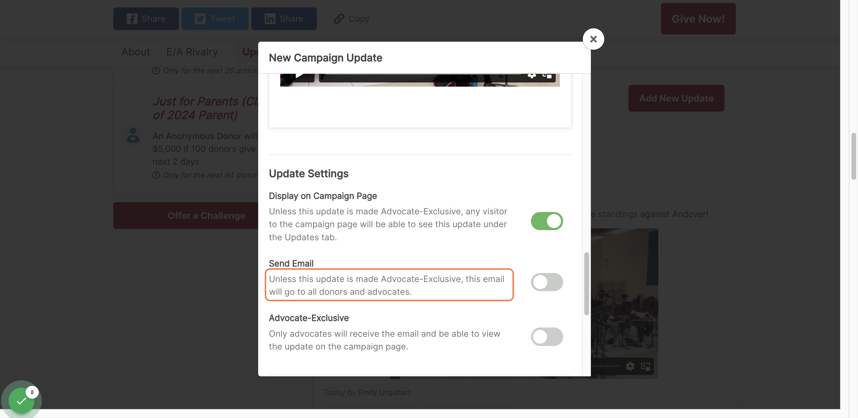 Uncheck Send update via email toggle