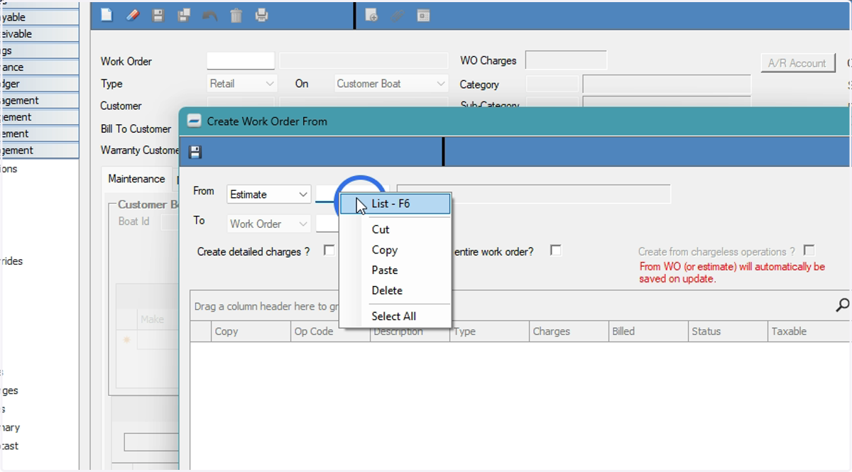 Right click and list or \ and search to find an existing Estimate (or Template)