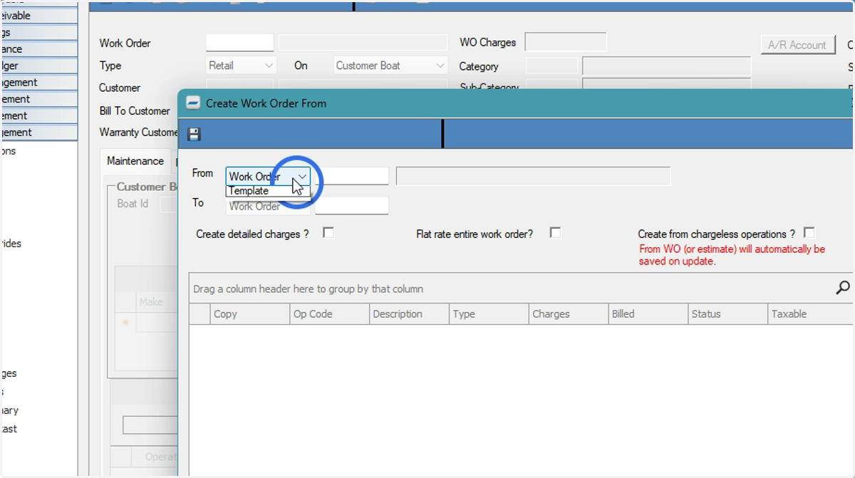 Choose to create the Work Order from an Estimate or a Template
