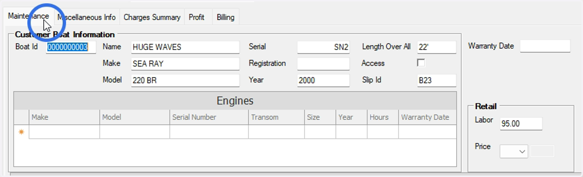 Verify or enter the Customer Boat Information on the Maintenance tab