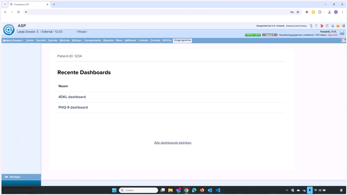 Hier vind je de dashboards van de vragenlijsten die door deze patiënt zijn ingevuld.