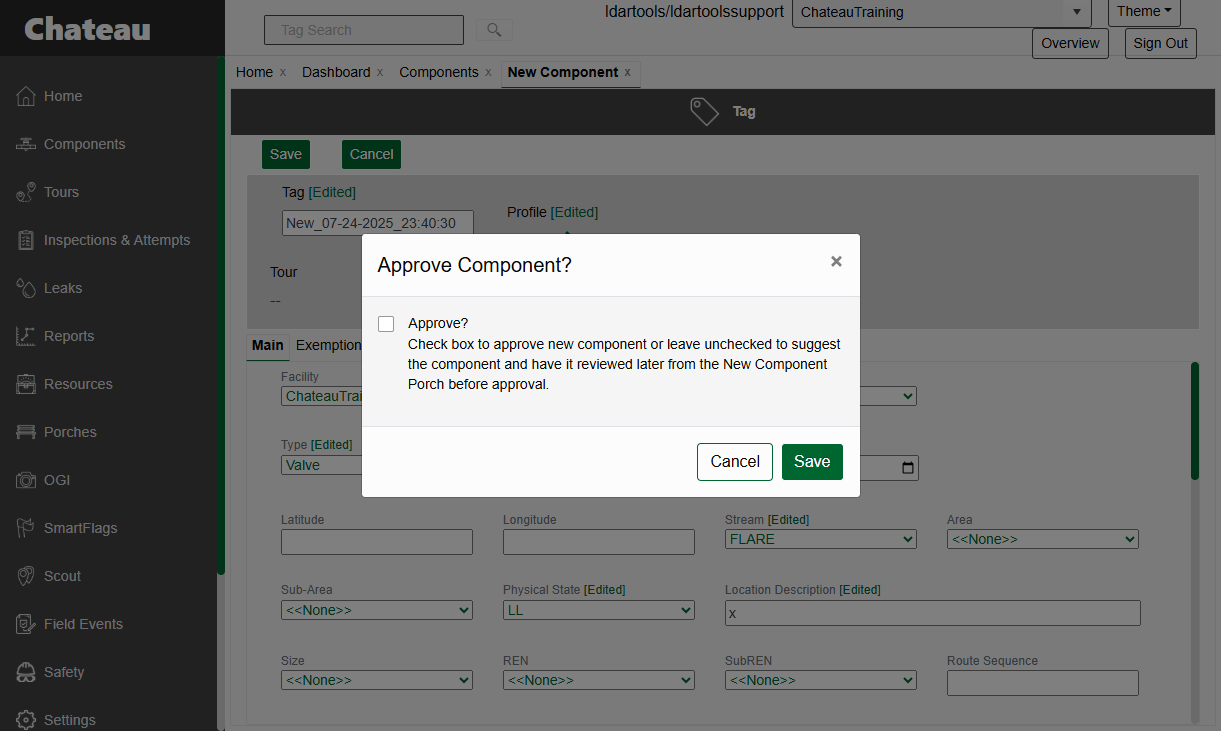 Choose to approve the component, or suggest it and have it reviewed later