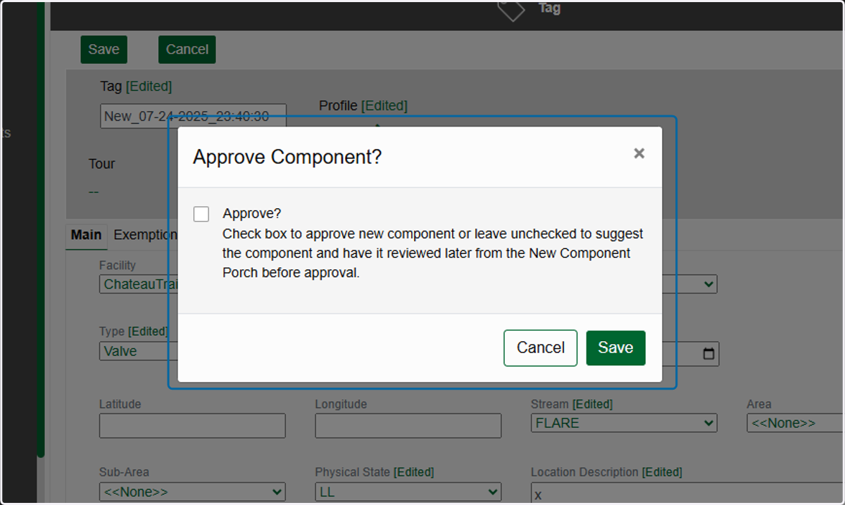 Choose to approve the component, or suggest it and have it reviewed later