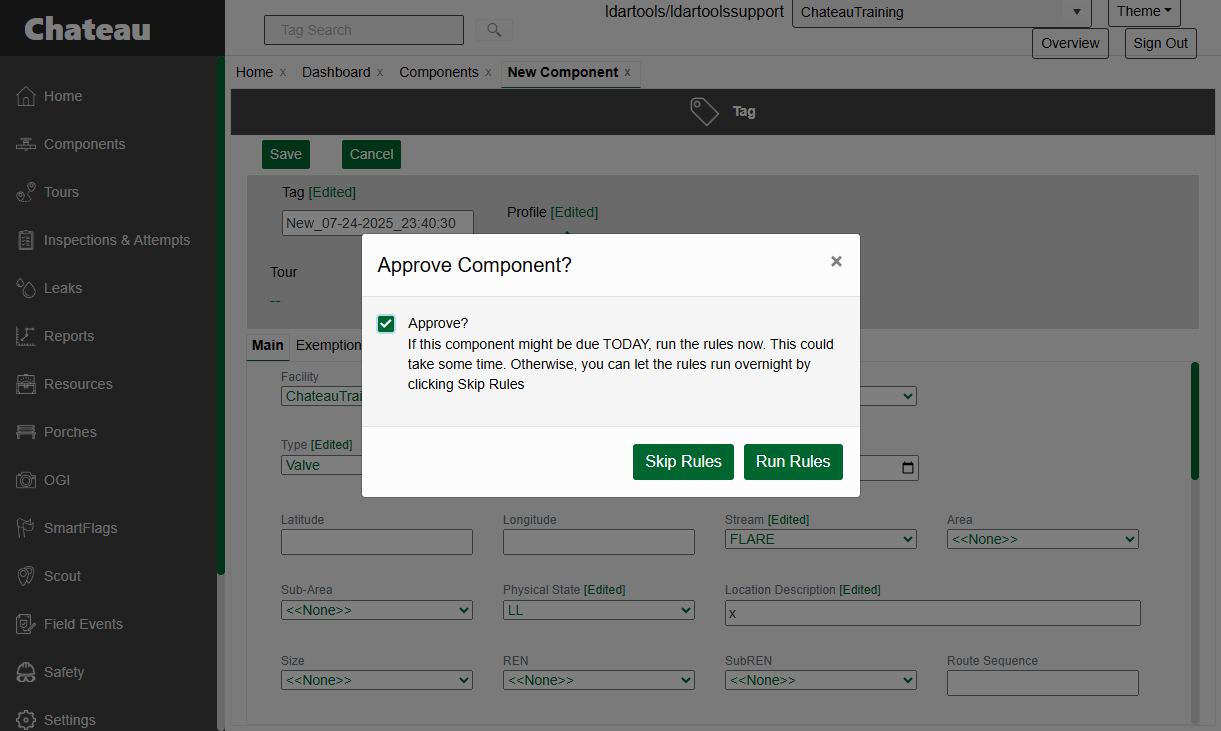 If you choose to approve the component, make a decision on whether to run or skip the rules