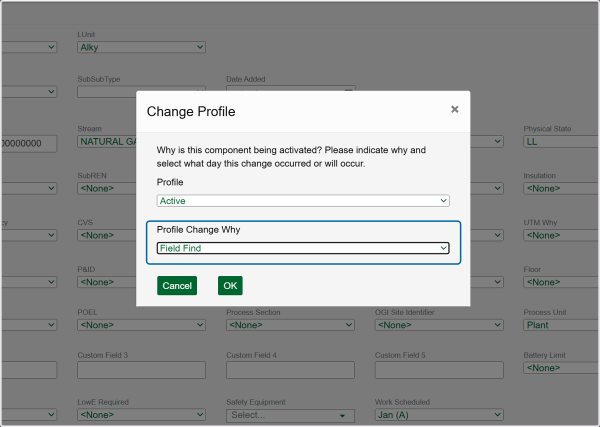 Choose the reason for adding this new component in the Profile Change Why dropdown.